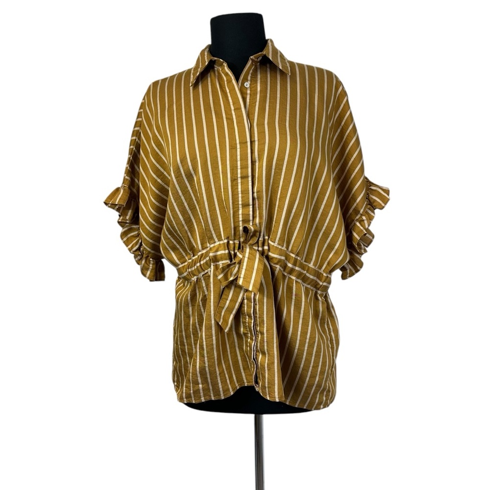 ZARA Gold Stripe Tie Front Blouse Size S Ruffle Sleeve Button Up Top - Picture 2 of 11